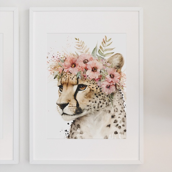 Cute Floral Cheetah Watercolor Wall Art Illustration Print Poster Card Unframed - Picture 8 of 8